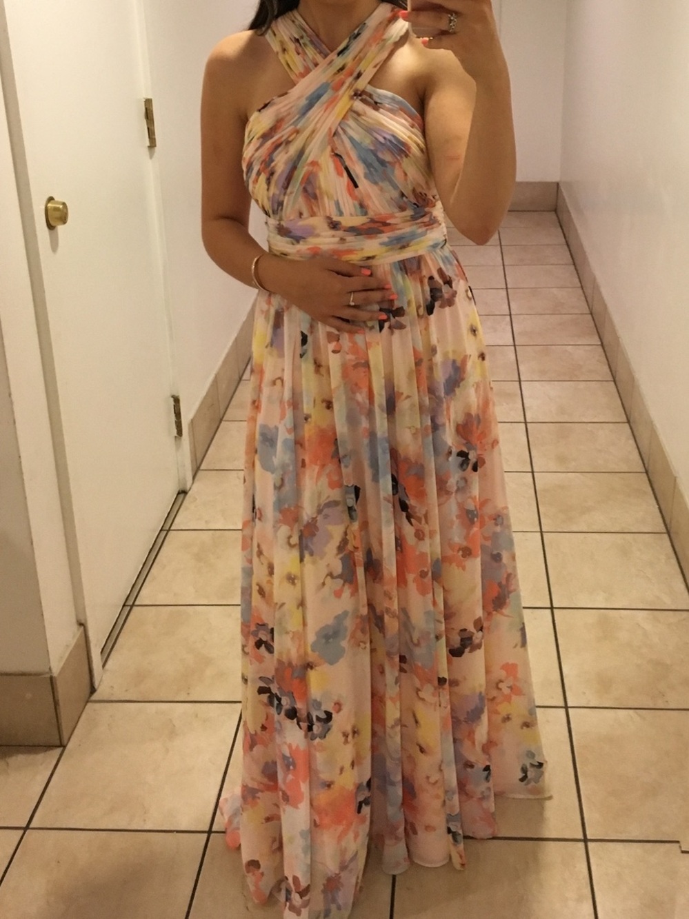 Calvin Klein Pastel Watercolor Crisscross Halter Maxi Dress